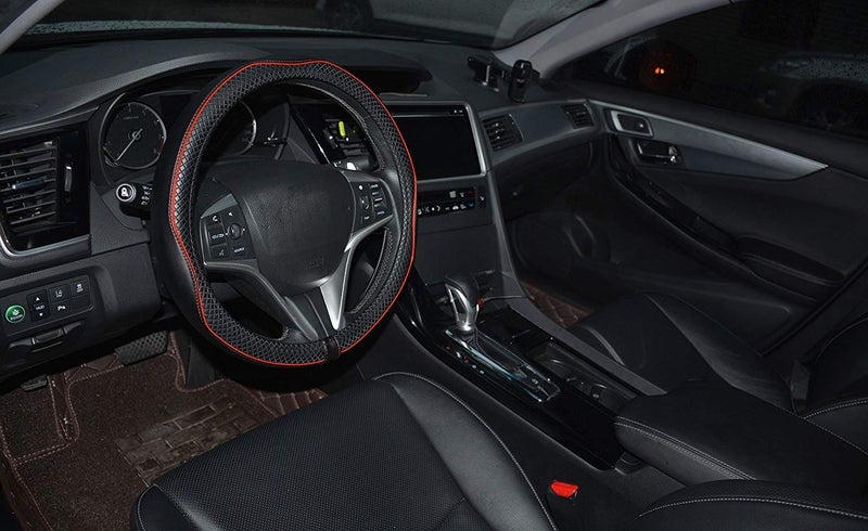 Rueesh Microfiber Leather Car Steering Wheel Cover  Soft Padding  Durable  No Smell  Universal 15 Inch Steering Cover  Anti-Slip Embossing Pattern A  Black with Red Line - Image 2